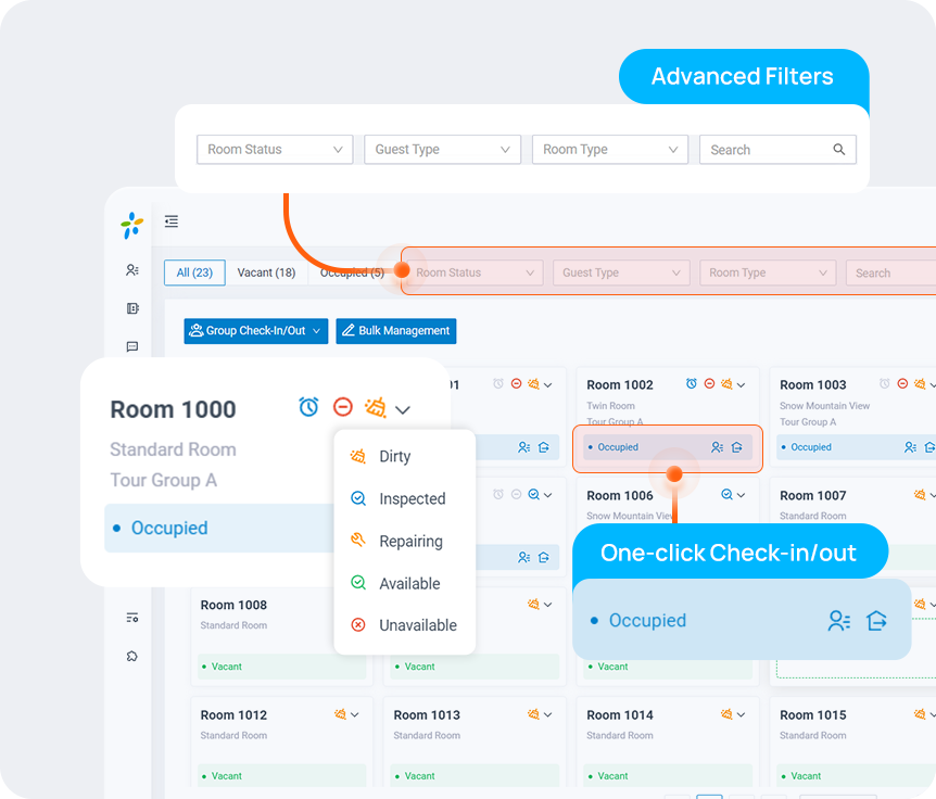 Interface de gestão de quartos com filtros, status de ocupação e recursos de check-in e check-out.