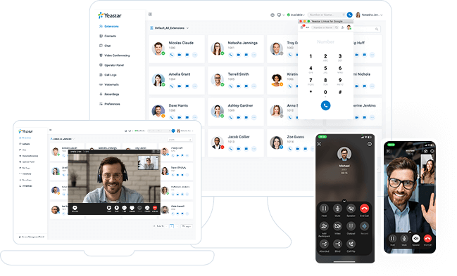 interface do pabx em nuvem yeastar, com video-chamadas, ramal no celular e para desktop.